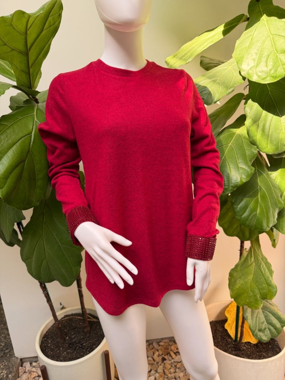 NWT DG2 Diane Gilman Sparkling Rhinestone Cuff Brushed Knit Top Red